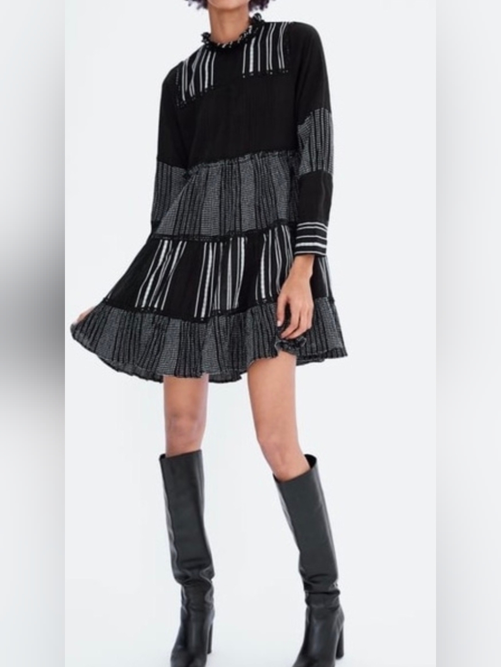 Zara Black and White Tiered Long-Sleeve Mini Dress
